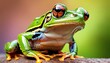 a close up of a frog sitting on a branch with a blurry back ground and a blurry background.