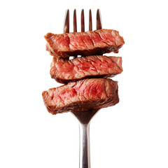 Slices of beef steak on a fork on white or transparent background