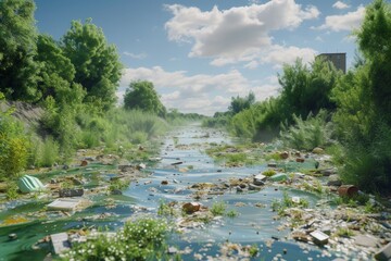 A polluted river with plastic waste and debris flowing through a lush green landscape highlights the environmental impact of human negligence on natural waterways.

