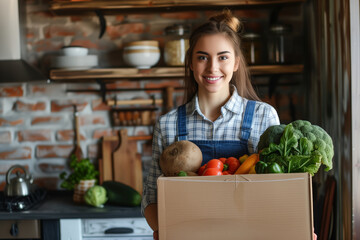 Young woman in a kitchen holding a box of fresh vegetables, showcasing healthy eating.