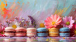 Row of macaroons of pastel colors and colorful flowers against a bright painted background