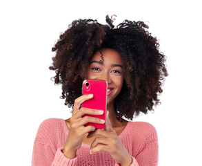 Content smiling woman with afro hairstyle typing text message or using internet on smartphone isolated over transparent background