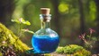 magic blue potion in a beautiful decorated vial in magic forest
