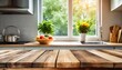 wooden table top on defocused kitchen room and window background