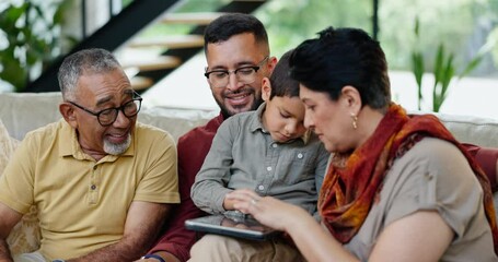 Poster - Tablet, education and learning with family on sofa in living room of home together for visit or bonding. Gaming, technology or social media app with grandparents, father and son in apartment