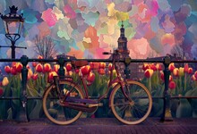 Spring Time In Amsterdam With Tulips And Bicycles On A Bridge Generative AI