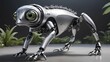 Imagine a cybernetic canine, with a body made of sleek and shiny metal, its limbs moving with the grace and agility of a frog. Its eyes are hidden behind virtual reality glasses.