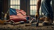 Labour day, men at work, american flag, handyman worker with tools