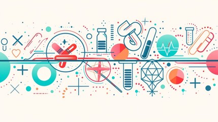 Wall Mural - Vector illustration of an abstract medicine background, featuring lines, circles, and flat icons representing medical concepts such as health, healthcare, DNA, and more