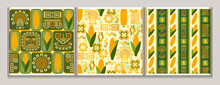 Seamless Geometric Patterns With Icons Of Corn Cob, Corn Grains, Ethnic Mesoamerican Ornament, Shapes. For Branding, Decoration Of Food Package, Decorative Print For Kitchen.