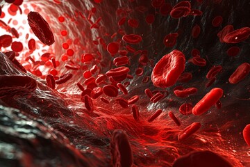 Wall Mural - 3d rendering of red blood cells flowing in a vessel with depth of field. Medical health care concept.