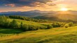 Panorama grassy field and rolling hills at sunset in evening light. Rural scenery