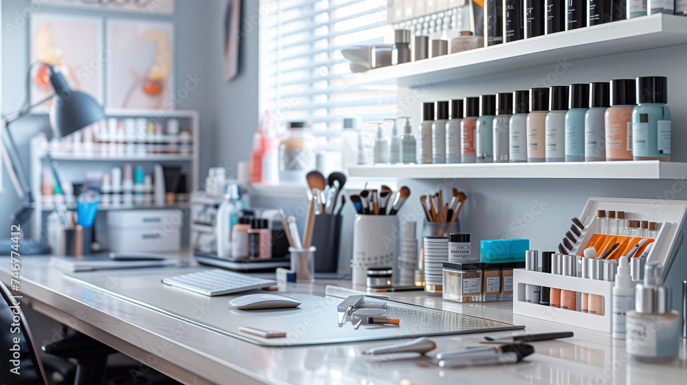 Workspace of a nail technician. Clean salon work table with necessary ...