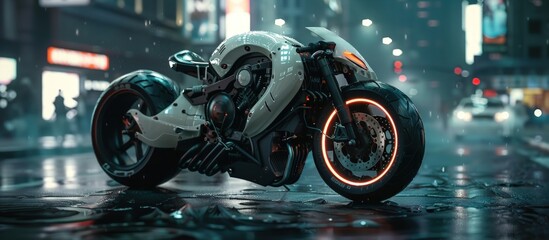 Wall Mural - Cyberpunk futuristic motorcycle in a dark modern town street night scene. AI generated image