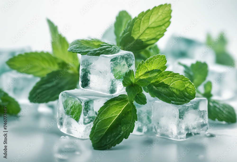 Vibrant Fresh Mint Leaves with Crystal Clear Ice Cubes, Isolated on a ...