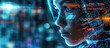 © yusufadi - Cyberpunk cyborg woman on futuristic neon illumination effect background. AI generated image