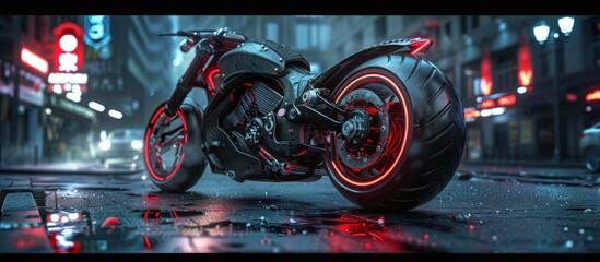 Wall Mural - Cyberpunk futuristic motorcycle in a dark modern town street night scene. AI generated image