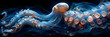 Aquatic Creature with a Wave-like Pattern 3d image,
Octopus with glowing eyes and tentacles in the water