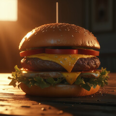 A mouth-watering cheeseburger with a juicy beef patty, fresh lettuce, sliced tomatoes, onions, cheddar cheese, and creamy sauce, all sandwiched between a toasted sesame seed bun. 