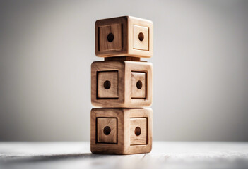 Tower of three wooden cubes isolated on white background