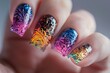A close-up view of a womans hand showcasing a vibrant and colorful nail polish design, adding a touch of elegance and creativity to her fingertips
