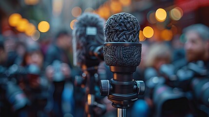 A professional camera with a microphone on a tripod against the background of a blurred crowd of people in an urban environment.
Concept: news journalism, city events, reporting, public meetings and d