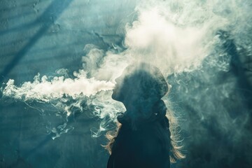  A woman stands gracefully in water, exhaling smoke from her mouth, creating a mystical and enchanting scene