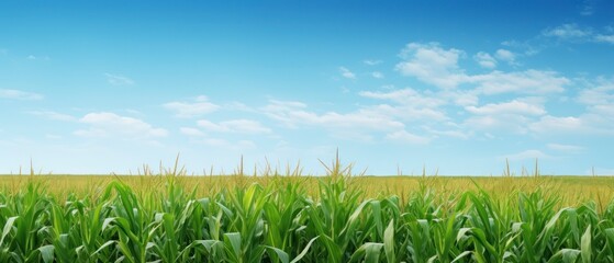 Wall Mural - Green corn field and blue sky with white clouds.