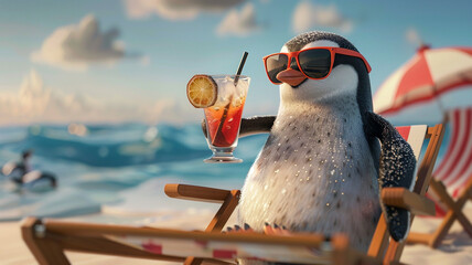 cute penguinon vacation at the sea drinking a cocktail with sunglasses.