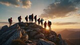 Fototapeta Sport - A large group of diverse tourists celebrates the completion of their climb to the top of the mountain with great view at sunset, Mixed ages and skills
