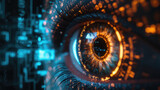 Fototapeta Konie - Human eye with abstract digital data, network information background for cyber security theme. Concept of ai, computer technology, future, spy, code, hack, hacker, art