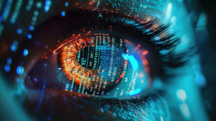 Wall Mural - digital data reflected in hacker eye in dark room, network information for cyber security theme. con