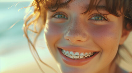 Wall Mural - Closeup of teenager girl with braces. Oral health long term corrective procedure.