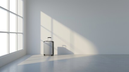 White room with a suitcase and a window