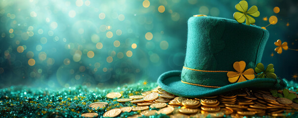 Wall Mural - Green shamrock lucky top hat as St Patrick's day symbol and luck icon of Irish tradition with stack of gold coins. Leprechaun cap. Celebration concept, Background, card, banner with copy space