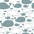 Vector seamless pattern of cute whales on white 