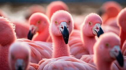 Canvas Print - Many pink flamingos close up