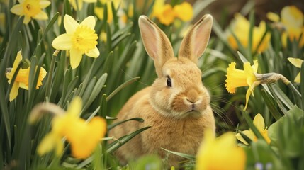 An adorable Easter bunny surrounded by daffodils