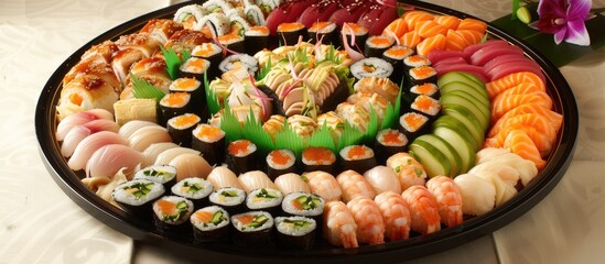 Poster - A variety of sushi rolls, nigiri, and sashimi served on a white platter on a wooden table. The sushi is colorful and freshly prepared, showcasing authentic Chinese flavors.