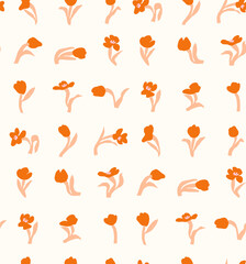 Wall Mural - Orange tulip Flowers Seamless boho pattern