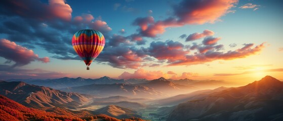 Wall Mural - Hot air balloon in the blue sky over the mountains.