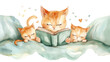 Mother cat reading a book to her baby kittens in bed, watercolor illustration