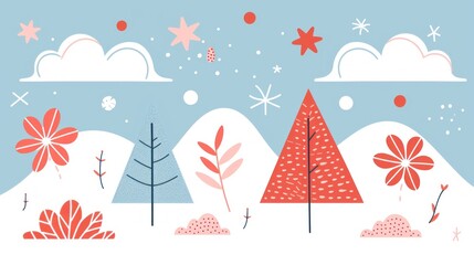 Poster - a snowy landscape with trees, stars, and snowflakes on a blue background with stars and snowflakes.