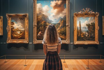 Canvas Print - A woman in an art gallery looks at paintings. Background with selective focus and copy space