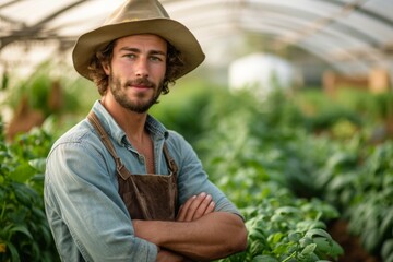 Portrait of a male farmer. Background with selective focus and copy space