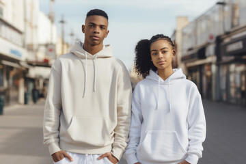 Wall Mural - Two Afro - American teenagers in blank hoodies walking in city street. Mock up template for hoodie design print