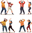 Four people casual outfits doing hip hop dance moves. Stylish dancers practicing street dance. Urban dance culture workout vector illustration