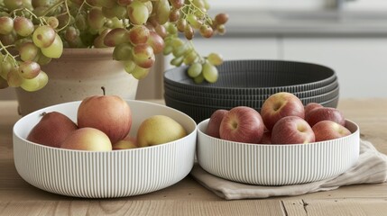 Poster - a couple of bowls of fruit sitting on a table next to a potted plant and a bowl of fruit.