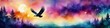 Abstract watercolor illustration of flying eagle on blurred bokeh background, space for text. 