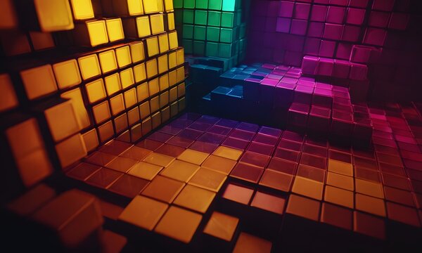A digital landscape of glowing neon cubes, creating a vibrant pattern of geometric shapes. The image reflects a modern, abstract concept with a futuristic vibe. AI Generative